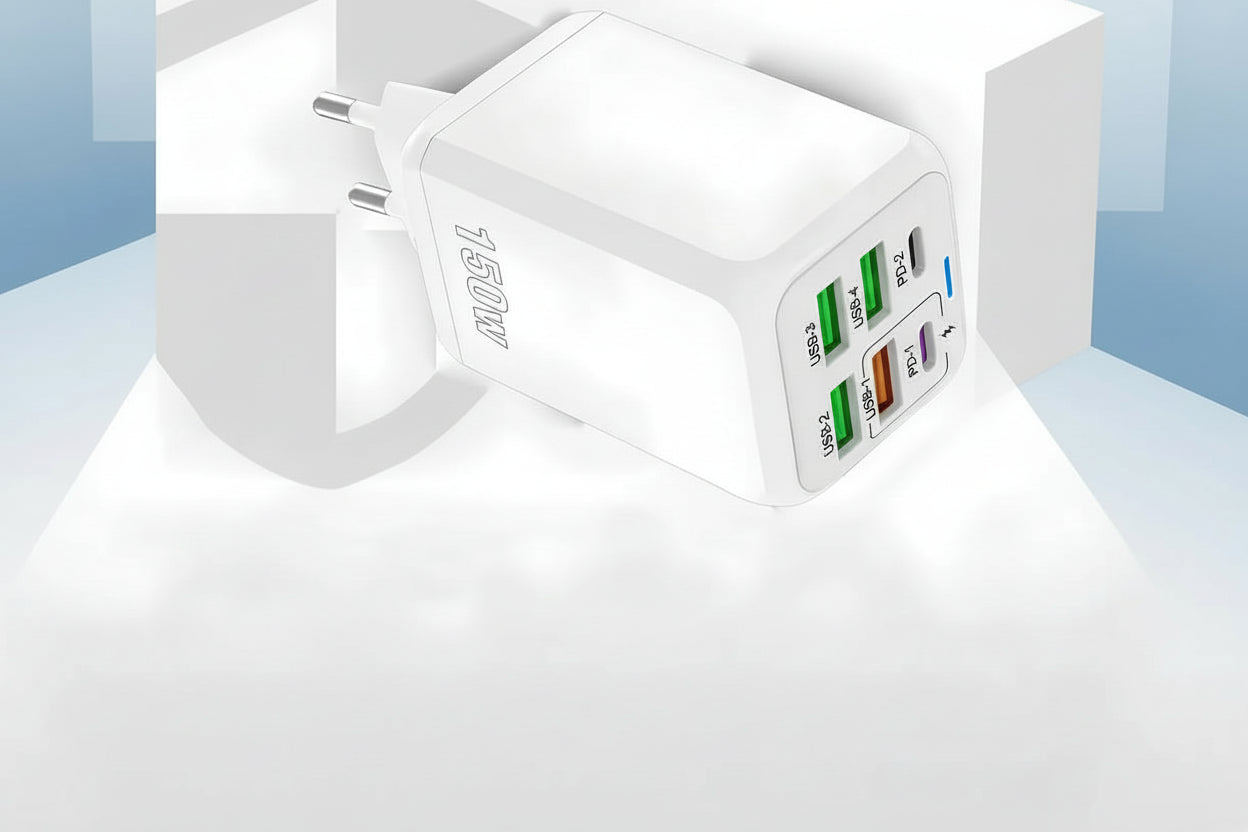 150W Universal USB Laddare 6 Portar - PD Fast Charging Quick Charge 3.0 Multi-Port Power Adapter - Väggadapter med EU/US/UK Plugg för iPhone, Samsung, Laptop.