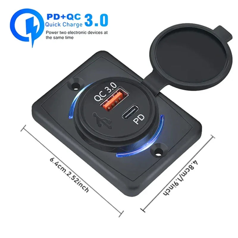 USB Snabbladdare för Bil 38W QC3.0 + PD med LED-belysning