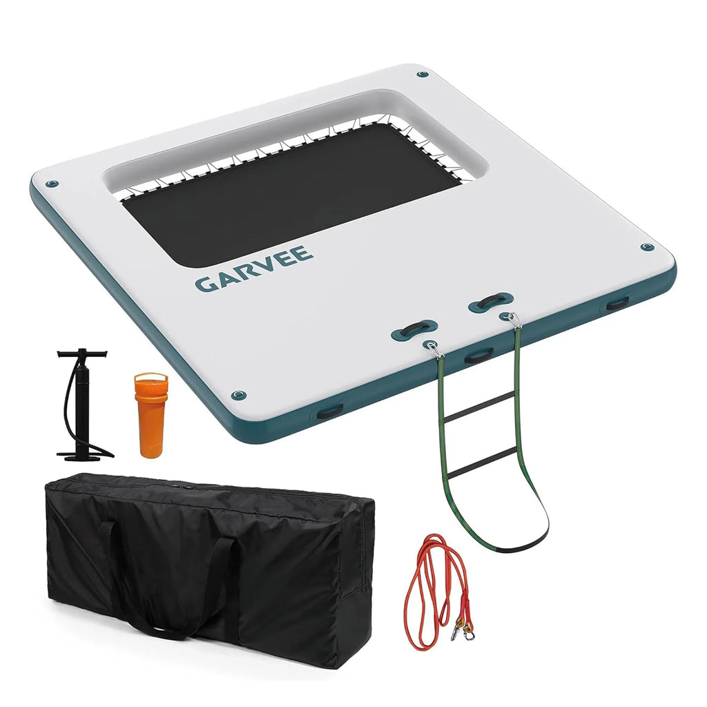 Uppblåsbar Flytande Plattform 10x10ft med 4x7ft Trampolin – Badplattform för Sjö, Pool & Strand