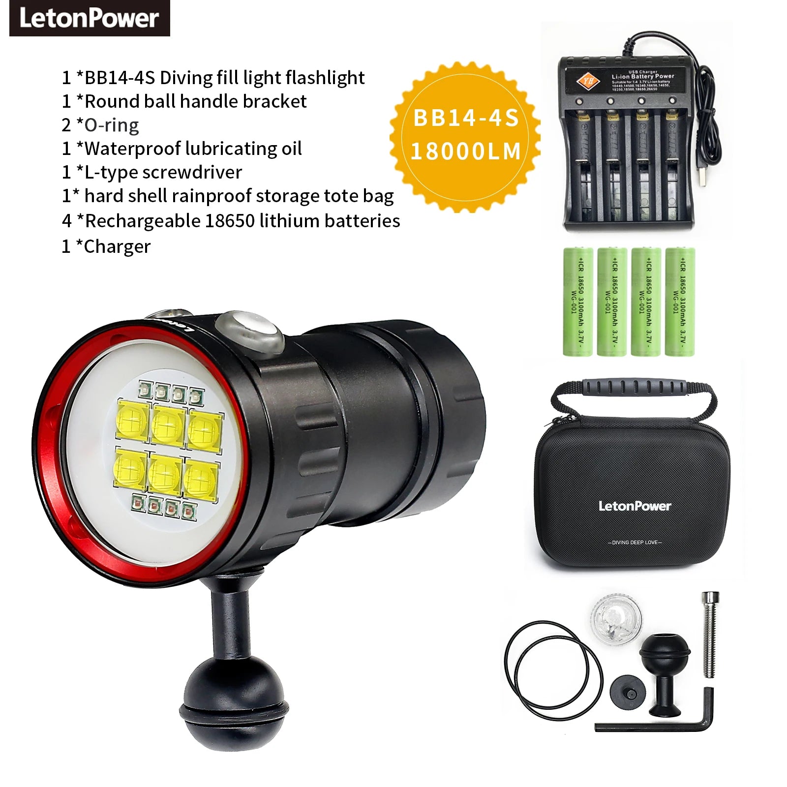 LetonPower Sealion Dyklampa 22800 Lumen – Uppladdningsbar Undervattenslampa 100m Vattentät