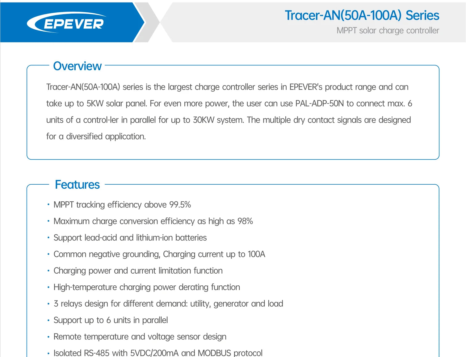 MPPT Solarladdningsregulator 50A–100A – Tracer AN-serien med MT52 Display
