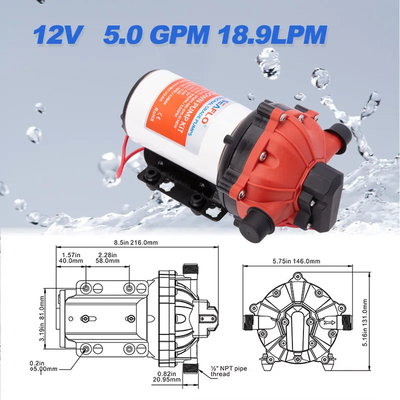 5.0 GPM 70PSI Marin Spolpump Kit 12V | Kraftfull Membranpump för Båtar