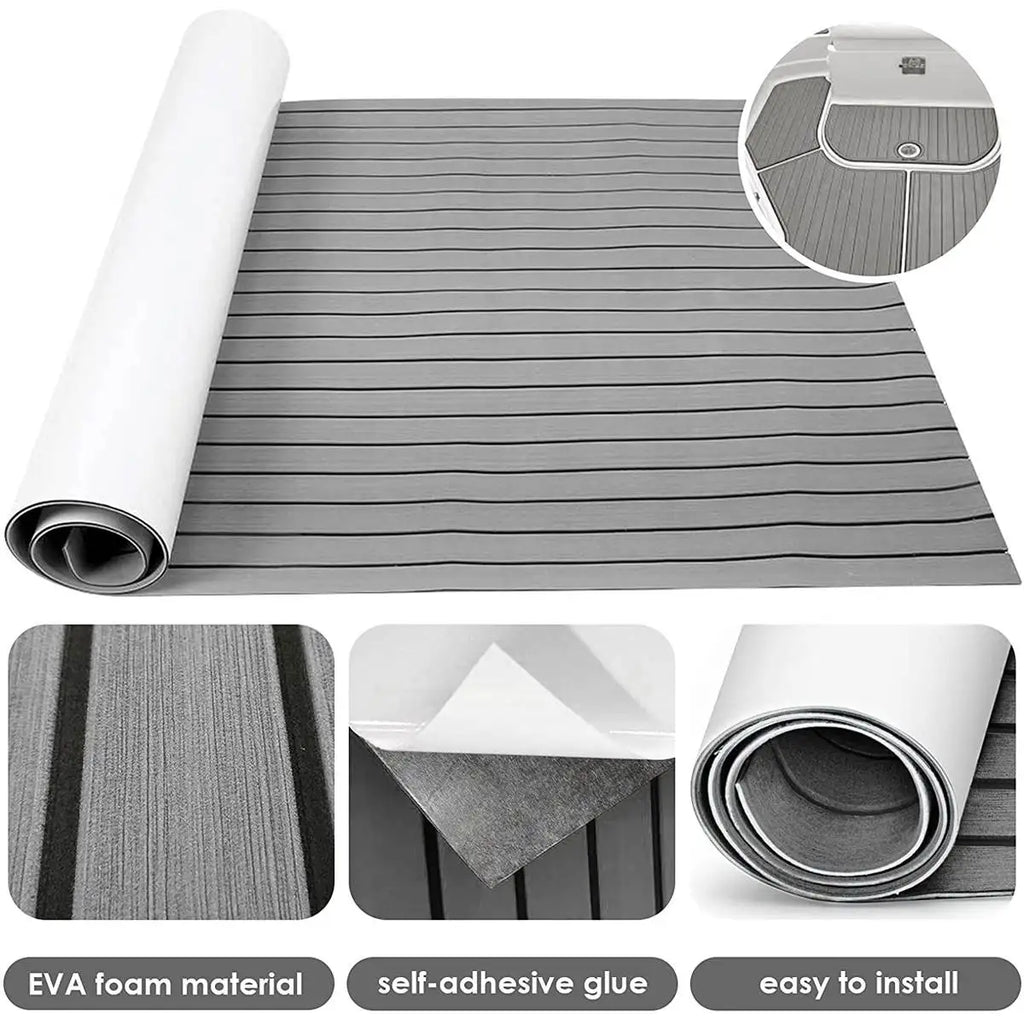 2400x900x5mm Självhäftande EVA-skum Teak Däcksmatta – Marinmatta för Båt, Grå/Svart