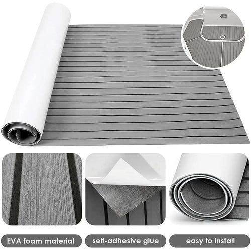 2400x900x5mm Självhäftande EVA-skum Teak Däcksmatta – Marinmatta för Båt, Grå/Svart