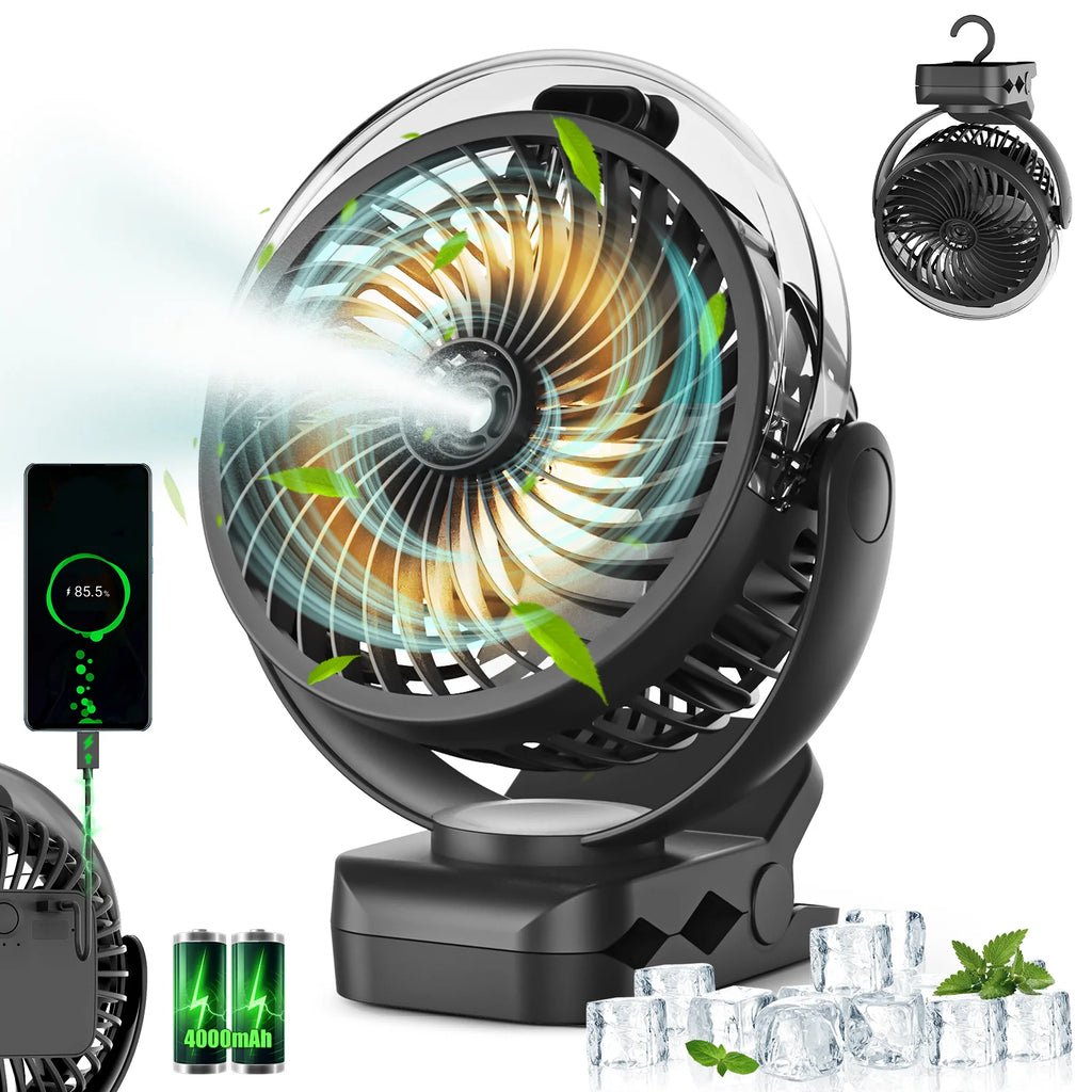 Portable Clip-on Mist Cooling Fan Rechargeable 3 Speed Digital Display Mini Humidifier Spray Fan Adjustable Desk Fan with 4000mA