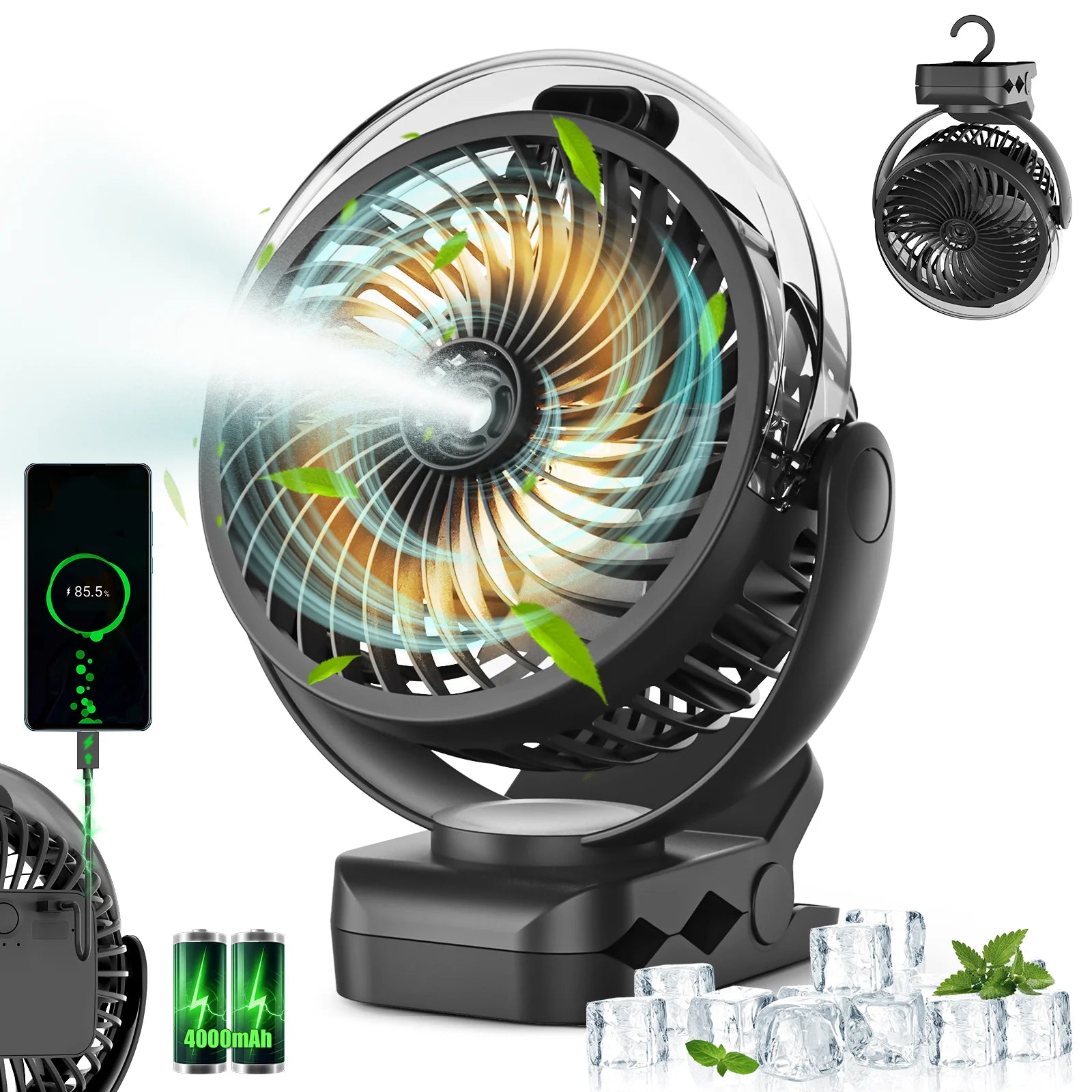 Portable Clip-on Mist Cooling Fan Rechargeable 3 Speed Digital Display Mini Humidifier Spray Fan Adjustable Desk Fan with 4000mA