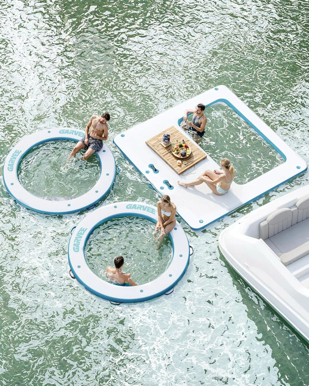 Uppblåsbar Flytande Plattform 10x10ft med 4x7ft Trampolin – Badplattform för Sjö, Pool & Strand