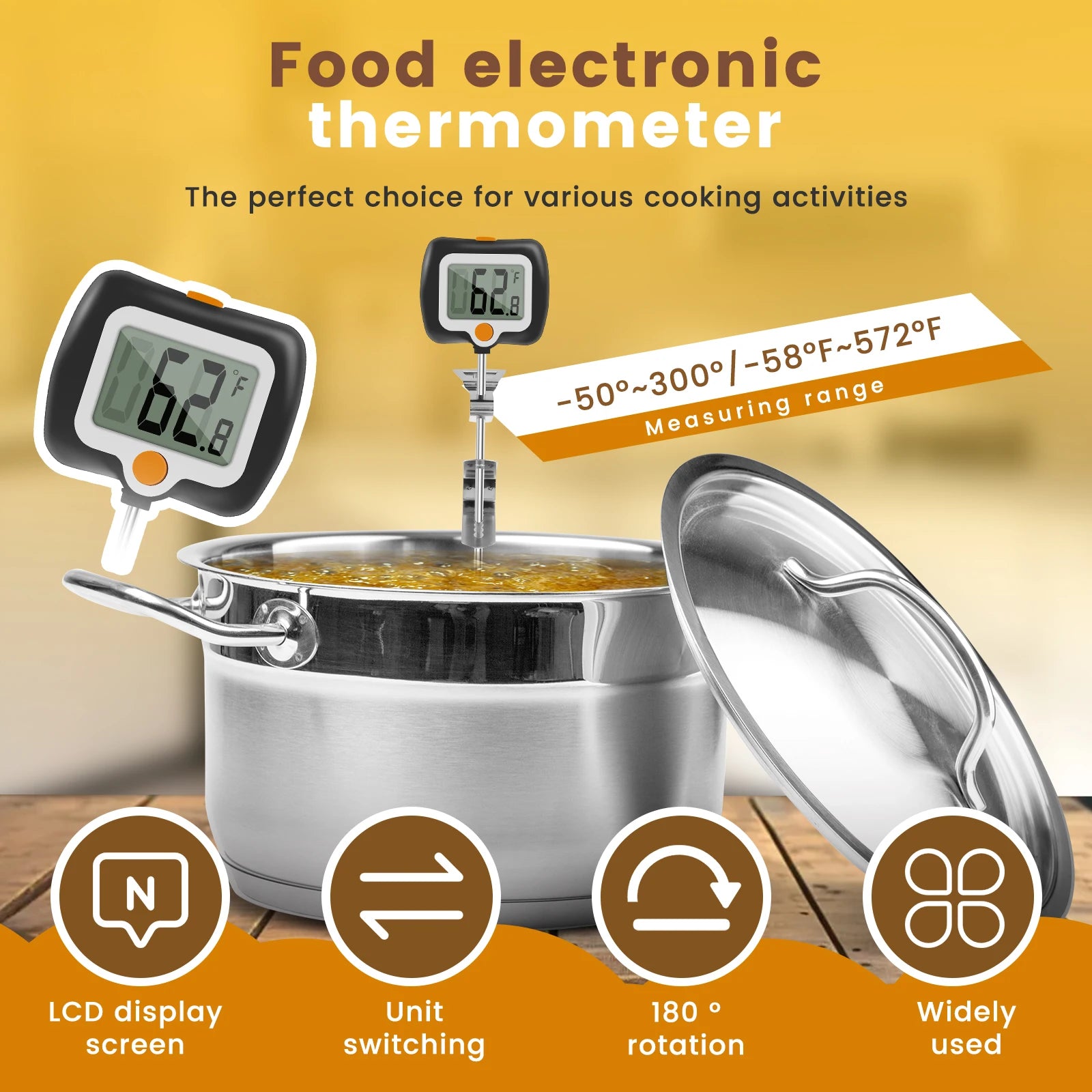 Digital Candy Thermometer with Pot Clip Kitchen Thermometer for Cooking, Baking, and Candy Making Stainless Steel Probe