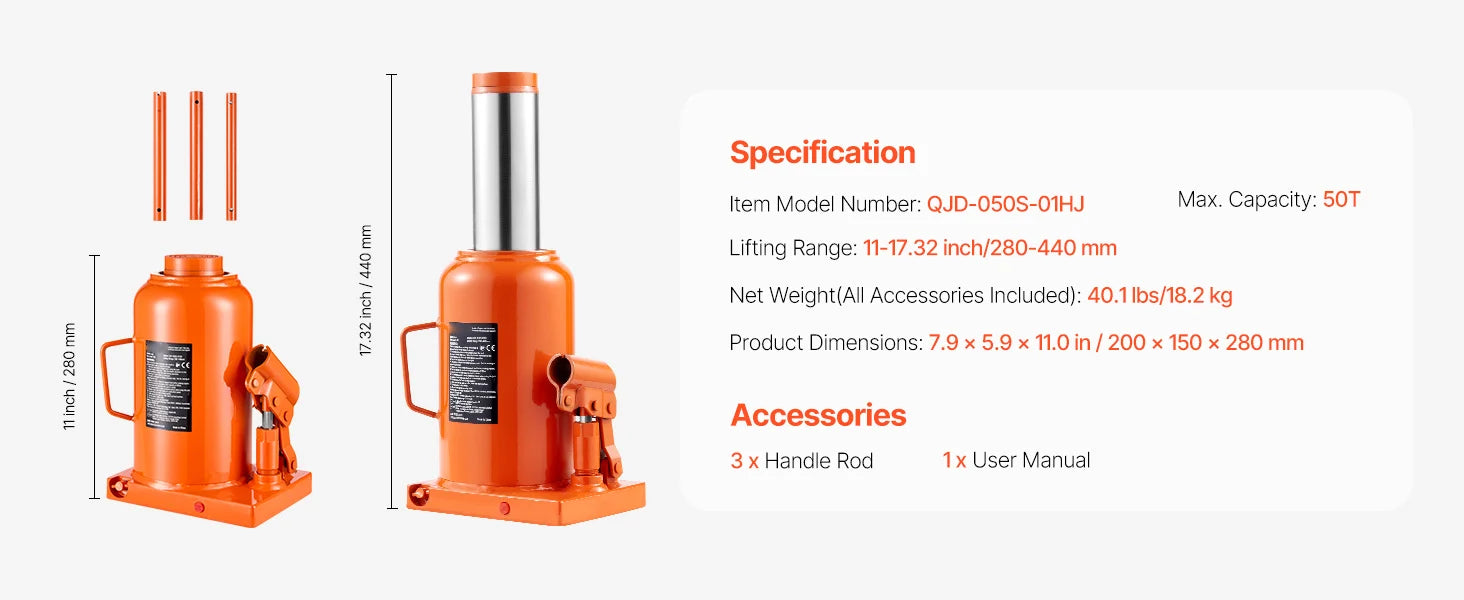 Hydraulisk Domkraft 20/30/50 Ton - Professionell Flaskdomkraft med Långt Handtag