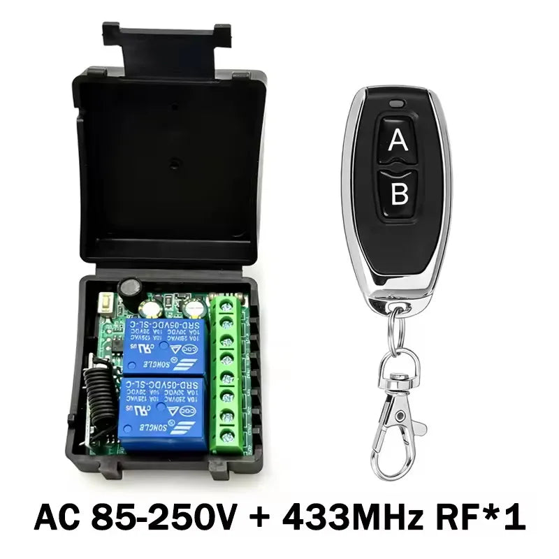 2CH RF 433MHz Fjärrkontroll Relämottagare 6-30V 85-250V för Garageport, Belysning, LED, Motor