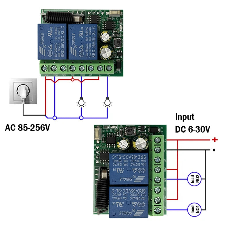 2CH RF 433MHz Fjärrkontroll Relämottagare 6-30V 85-250V för Garageport, Belysning, LED, Motor