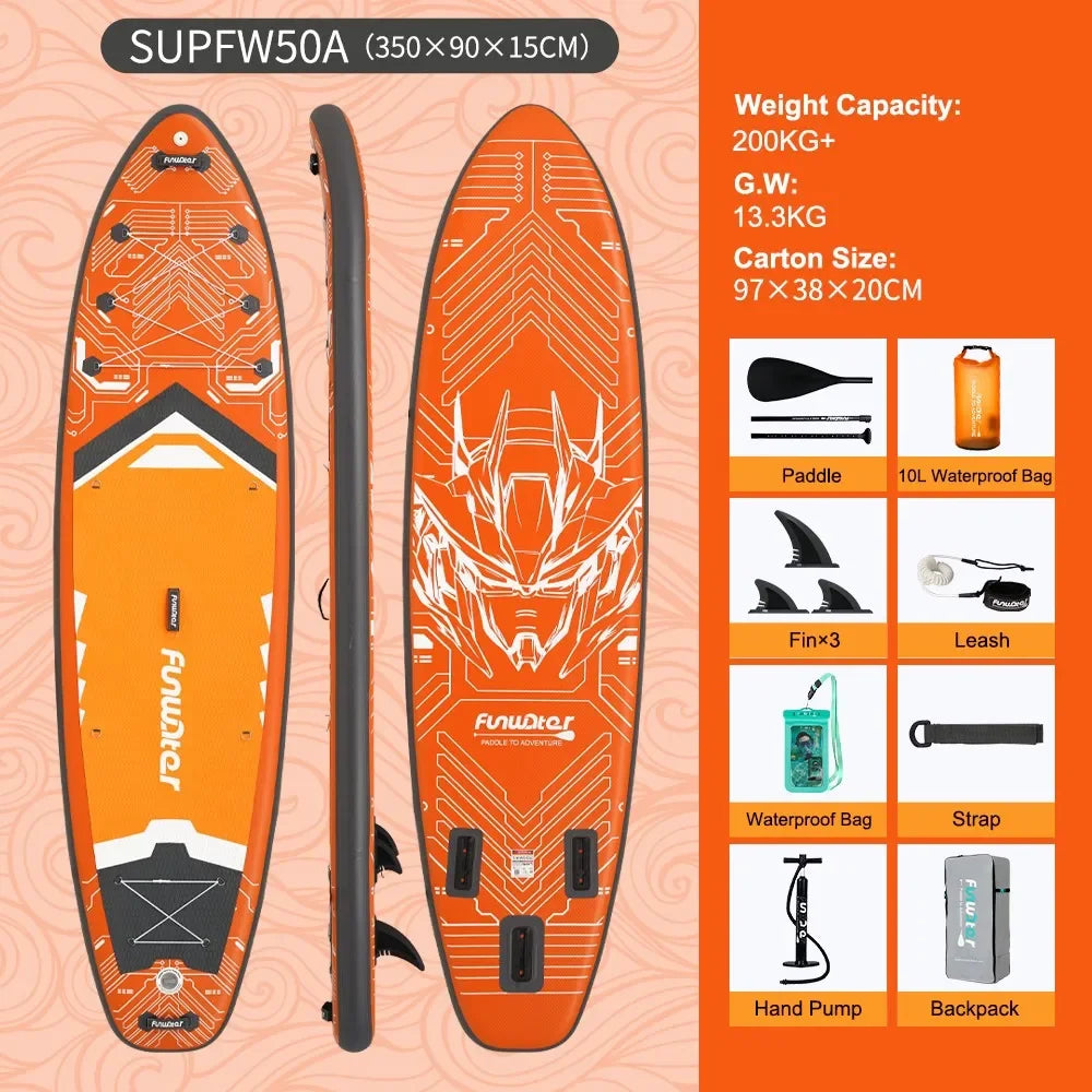 FunWater Uppblåsbar SUP-bräda 11'6" | 200 kg kapacitet, trippelfena, halkfri EVA-däck & bungee
