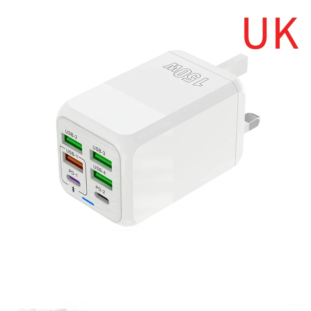 150W Universal USB Laddare 6 Portar - PD Fast Charging Quick Charge 3.0 Multi-Port Power Adapter - Väggadapter med EU/US/UK Plugg för iPhone, Samsung, Laptop.