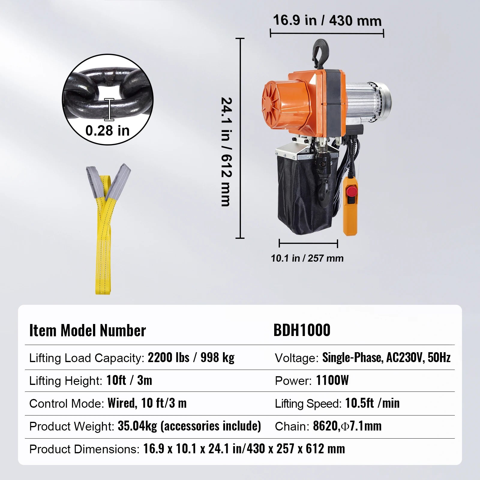 Elektrisk Kedjetalja 1000 kg - Enfas Lyftvinsch med Trådstyrd Kontroll 2200 lbs