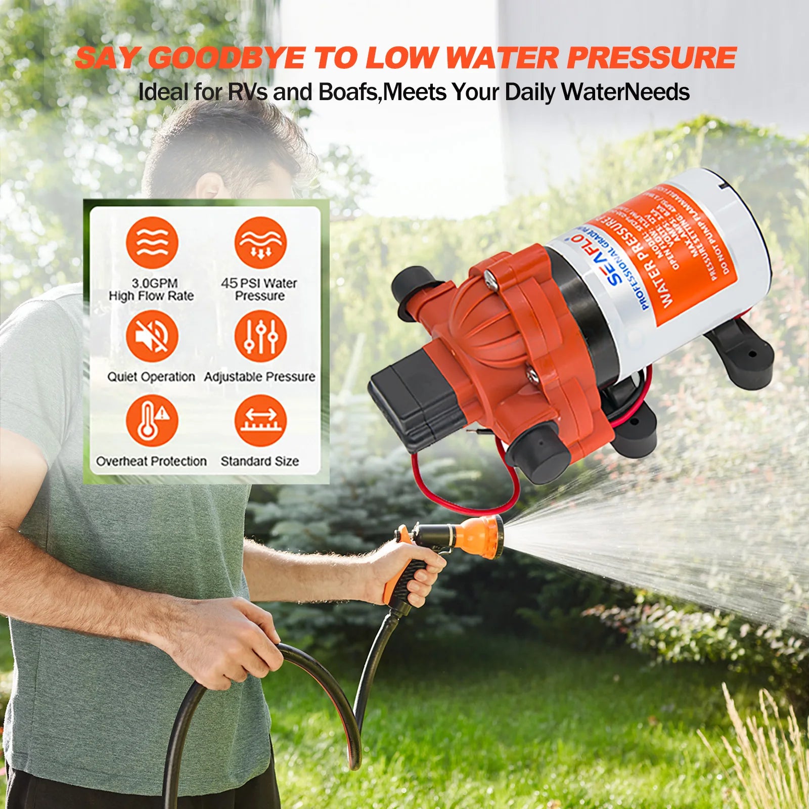 12V 3GPM 45PSI Självprimande Vattentryckspump med Inbyggd Tryckbrytare | On-Demand RV Marin Färskvattenspump