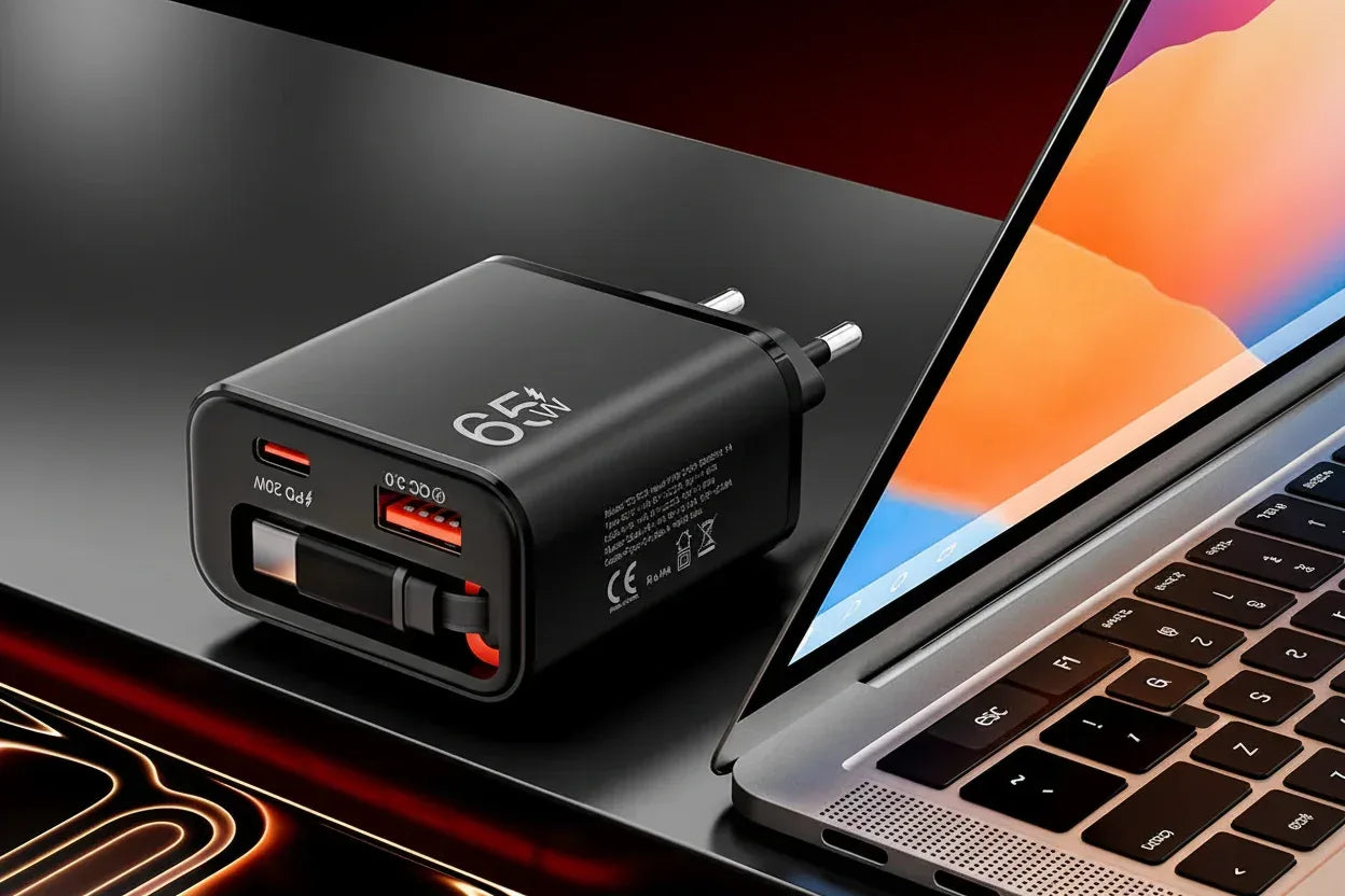 65W Snabbladdare med Infällbar USB-C Kabel - Kompakt Reseladdare
