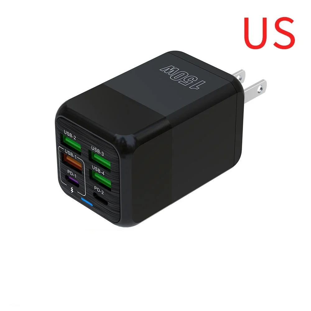 150W Universal USB Laddare 6 Portar - PD Fast Charging Quick Charge 3.0 Multi-Port Power Adapter - Väggadapter med EU/US/UK Plugg för iPhone, Samsung, Laptop.
