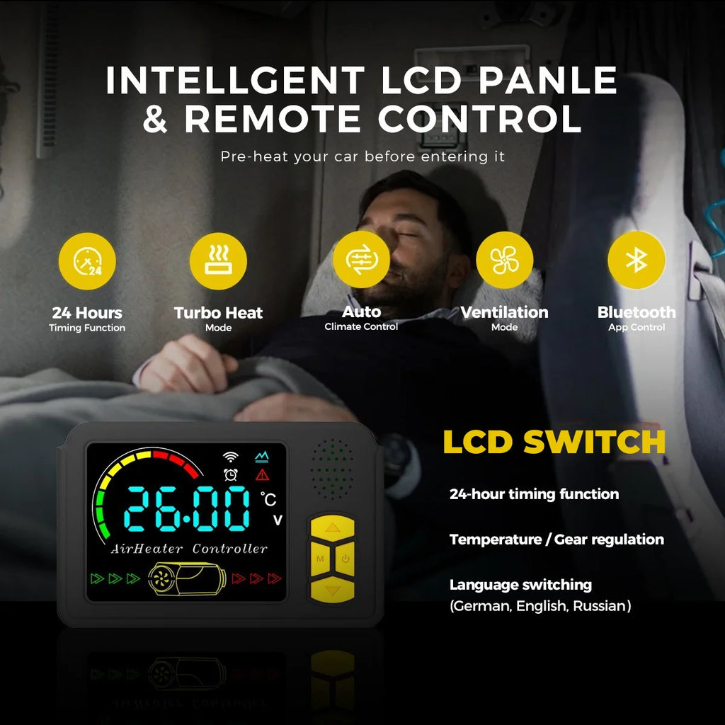 TB10 8KW Dieselvärmare – Portabel Parkeringsvärmare 12V/24V/220V med LCD, Bluetooth & Ventilationsläge