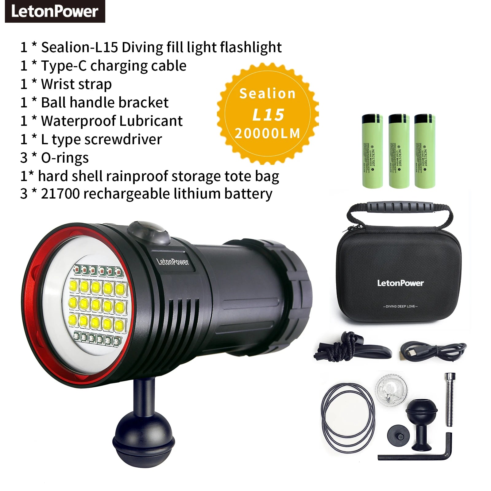 LetonPower Sealion Dyklampa 22800 Lumen – Uppladdningsbar Undervattenslampa 100m Vattentät