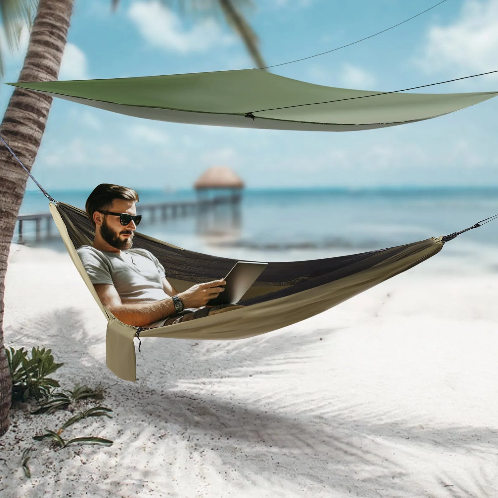 Portable Camping Hammock and Canopy Awning Olive Drab Beach Hammock Canopy