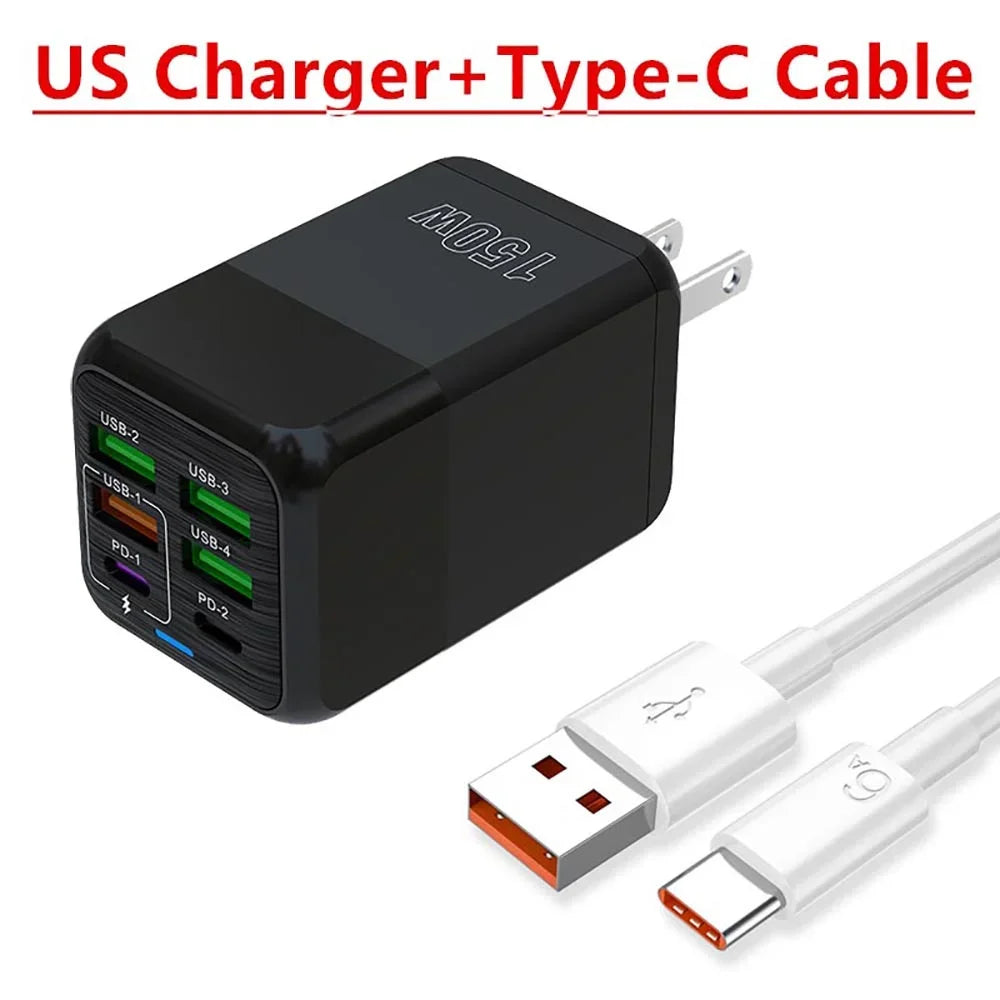 150W Universal USB Laddare 6 Portar - PD Fast Charging Quick Charge 3.0 Multi-Port Power Adapter - Väggadapter med EU/US/UK Plugg för iPhone, Samsung, Laptop.