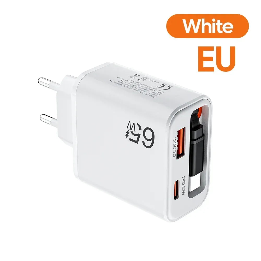 65W Snabbladdare med Infällbar USB-C Kabel - Kompakt Reseladdare EU vit