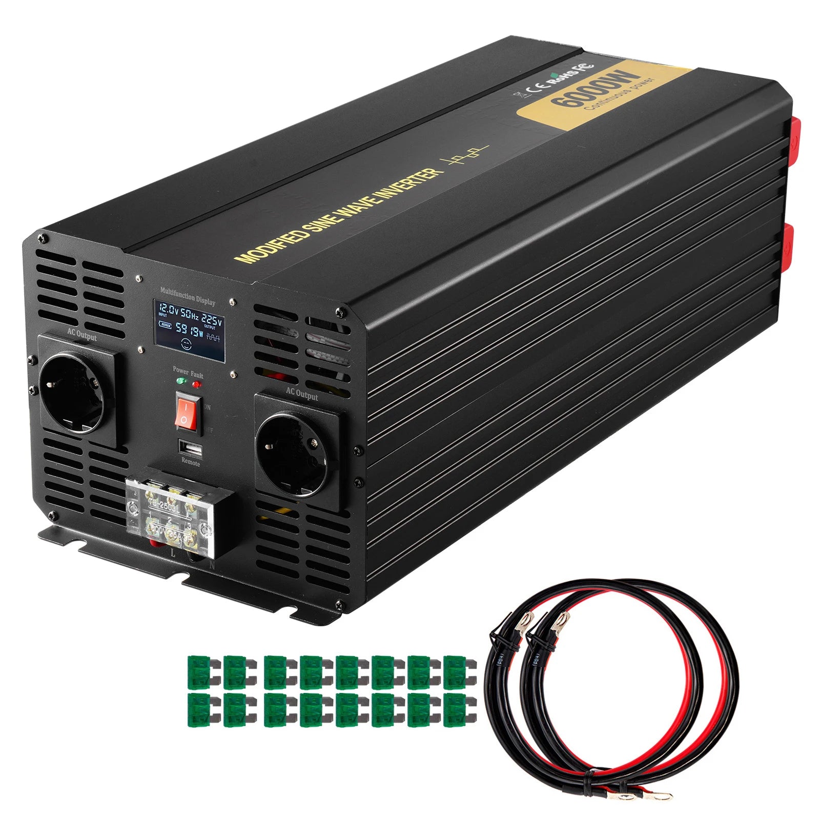 6000W Spänningsomvandlare 12V till 230V - Modifierad Sinusvåg med LCD-Display
