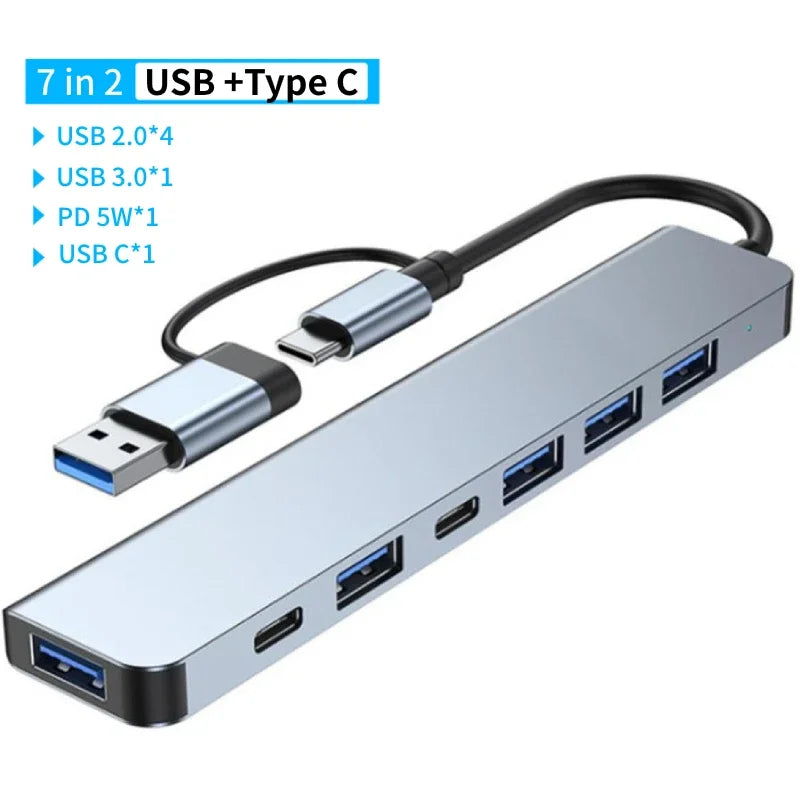 USB-C Dockningsstation Multi-Hub - USB 3.0 Adapter med USB 2.0 Portar, TF/SD Kortläsare & Audio Output - Universal för MacBook Pro, PC & Laptop.