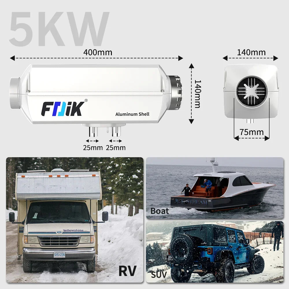 FDIK 5KW Dieselvärmare 12V/24V med Bluetooth-app – Aluminiumskal för Bil, Lastbil, Båt & Husbil