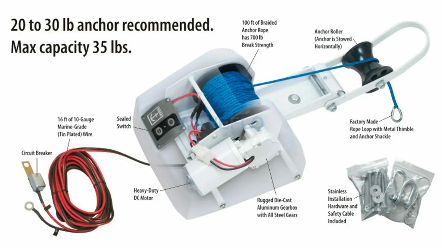 Elektrisk Ankarvinsj 12V för Pontonbåt & Saltvattenbåtar - 35 LBS Marin Ankarsystem med Trådlös Fjärrkontroll