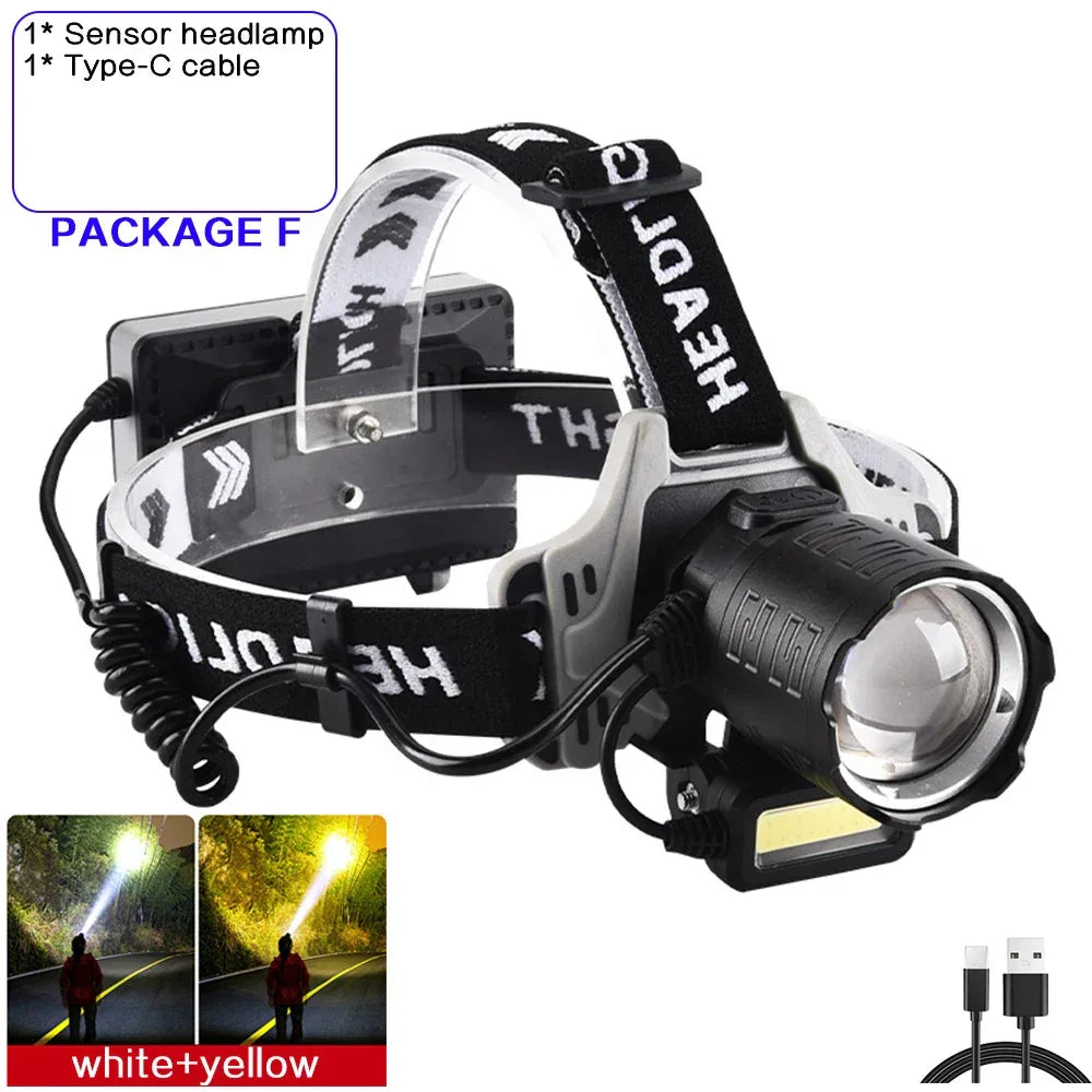 Kraftfull LED Pannlampa 120000lm - USB Laddbar med Sensor & Powerbank. VIT GUL-F