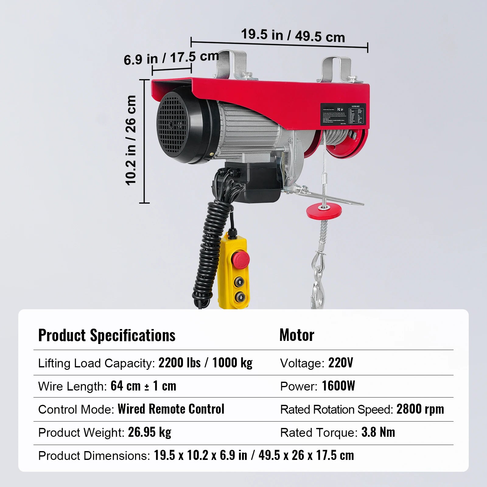Elektrisk Vinsch 1000 kg - Professionell Ståltrådsvinsch med 12m Lyftkapacitet 2200 lbs Wired