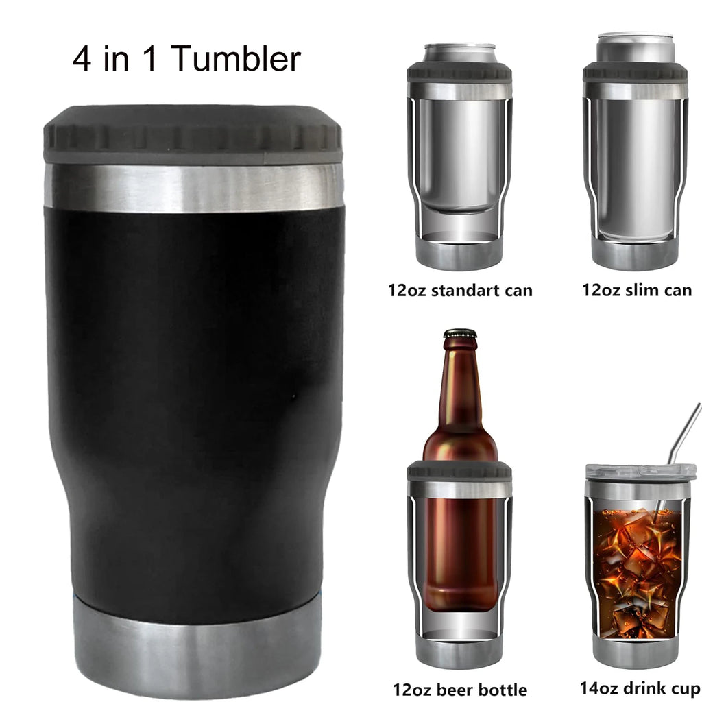 4-i-1 Dryckeskylare & Tumbler – Passar 12 oz Burkar, Smala Burkar och Flaskor med Inbyggd Flasköppnare