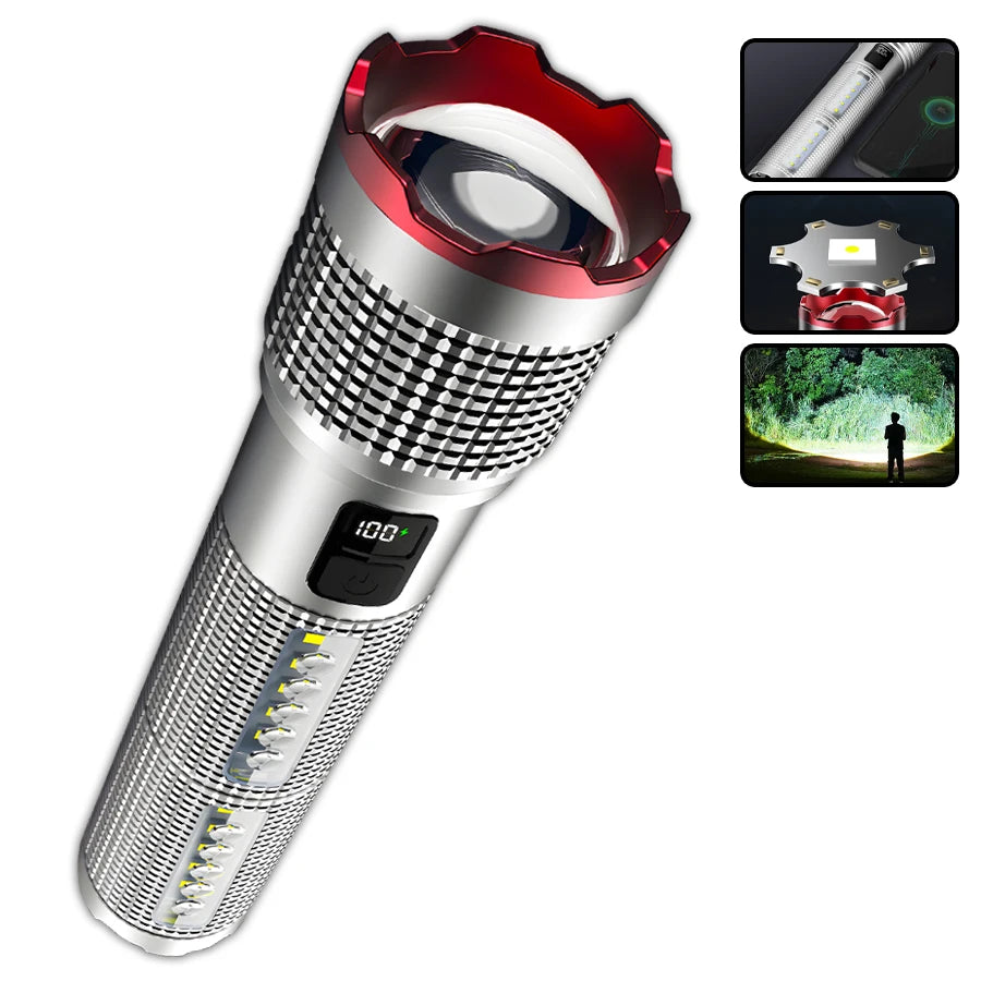 Kraftfull Uppladdningsbar LED-ficklampa med Sidoljus, Zoomfunktion & IPX6 Vattentäthet – 5 Ljuslägen