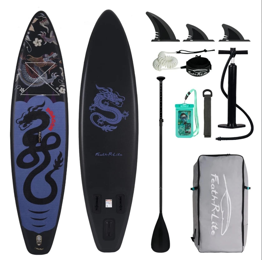 Uppblåsbar SUP-bräda 335cm - Komplett Set med Paddel, Pump & Tillbehör Svart drake Polen (3–6 dagar)
