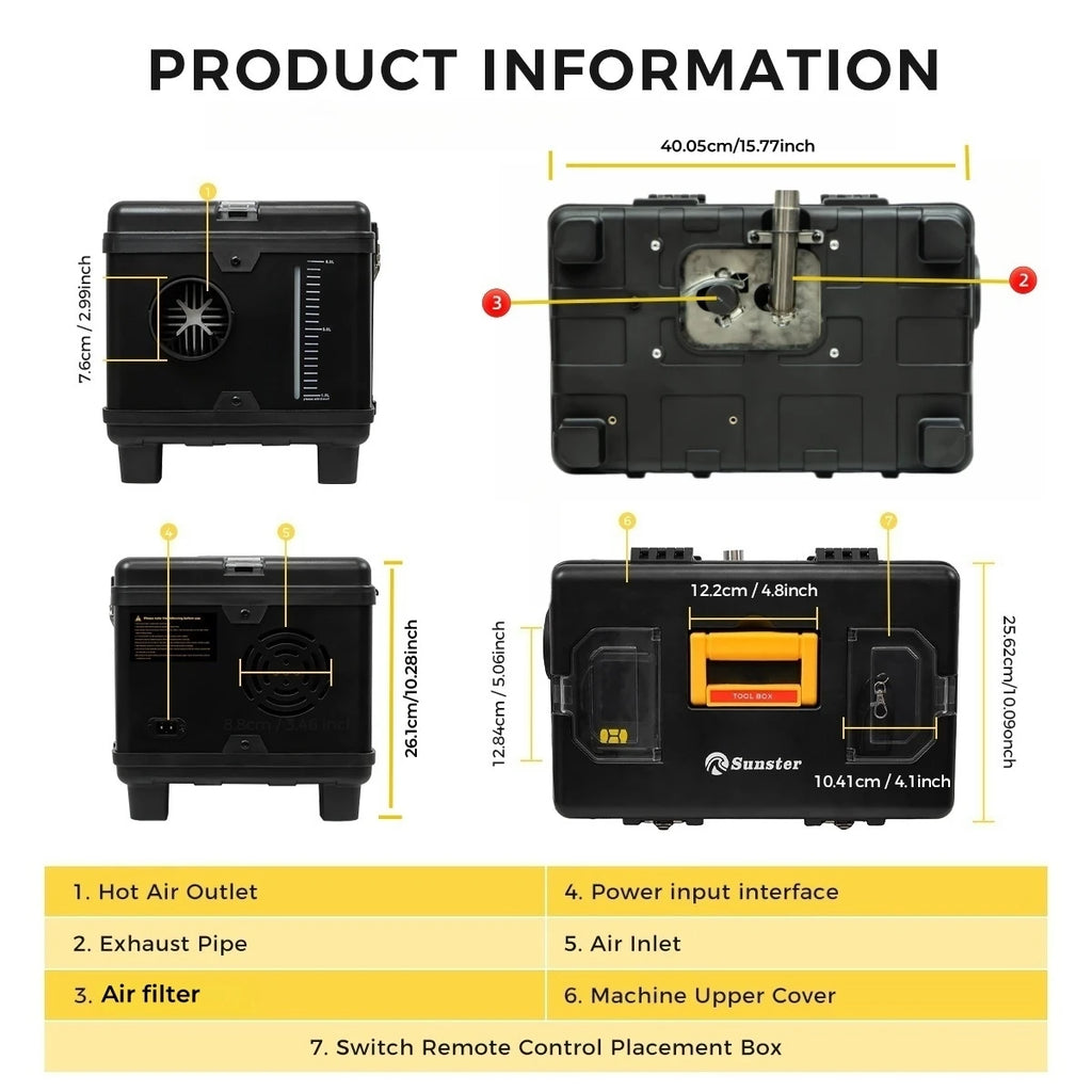 Sunster 8KW Dieselvärmare – Bluetooth LCD-styrning, 12V/24V/220V, Ultratyss för Husbil, Lastbil & Garage