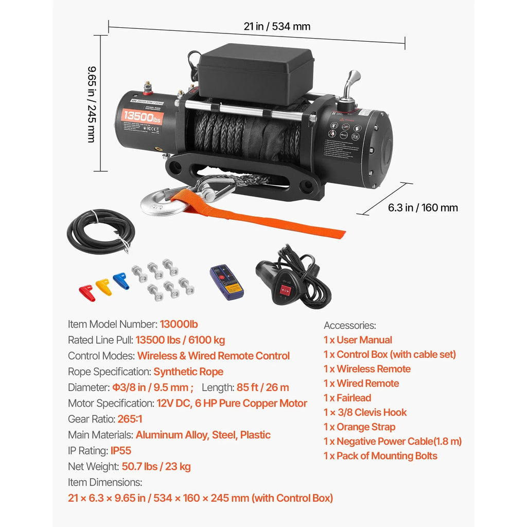 Elektrisk Vinsch 13500 lbs 12V Syntetisk Rep - Professionell Bilvinsch med Trådlös & Trådbunden Fjärrkontroll 13500 lbs