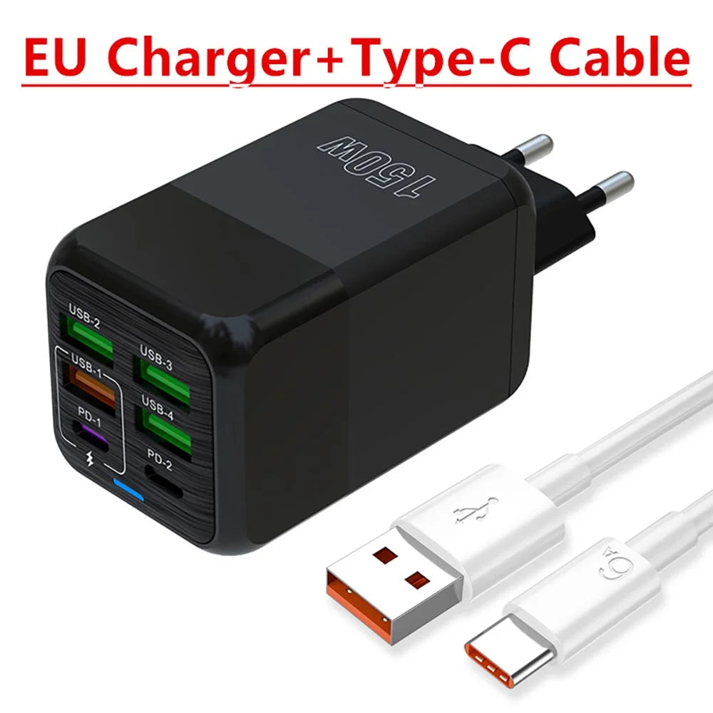 150W Universal USB Laddare 6 Portar - PD Fast Charging Quick Charge 3.0 Multi-Port Power Adapter - Väggadapter med EU/US/UK Plugg för iPhone, Samsung, Laptop.