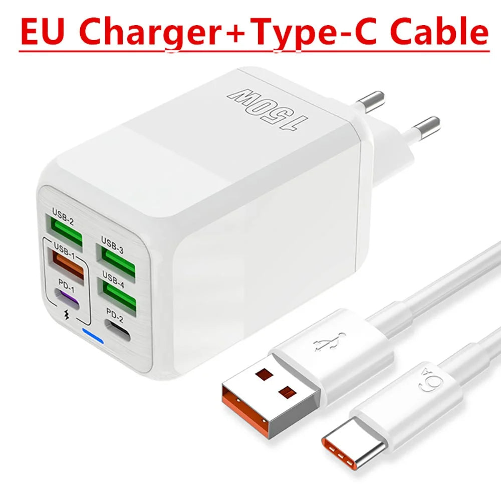 150W Universal USB Laddare 6 Portar - PD Fast Charging Quick Charge 3.0 Multi-Port Power Adapter - Väggadapter med EU/US/UK Plugg för iPhone, Samsung, Laptop.