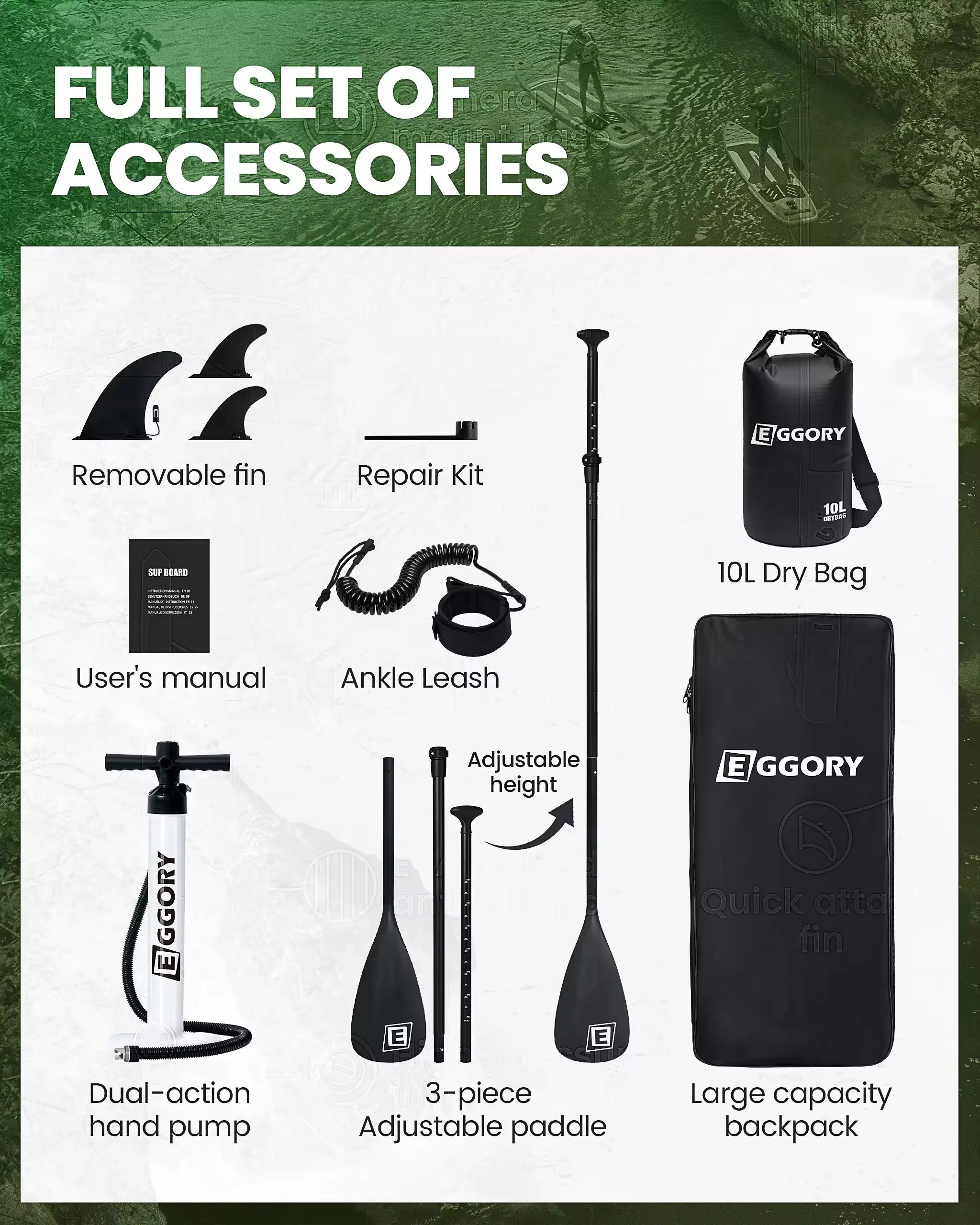 Eggory 11' Uppblåsbar Stand Up Paddleboard – Träkorn ISUP-set med Kameramontering, 150 kg Kapacitet, Ryggsäck & Pump