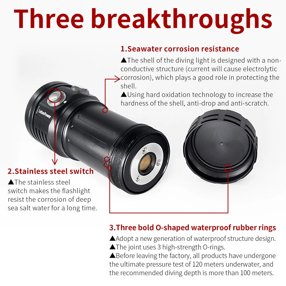 LetonPower Sealion Dyklampa 22800 Lumen – Uppladdningsbar Undervattenslampa 100m Vattentät
