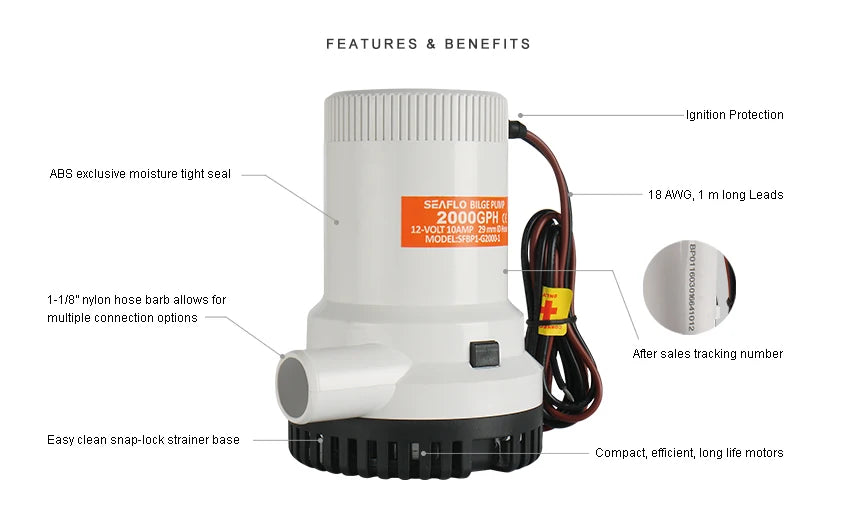 2000GPH 12V Marine Bilge Pump – Heavy Duty Submersible Electric Water Pump for Boat, RV, Yacht Drainage