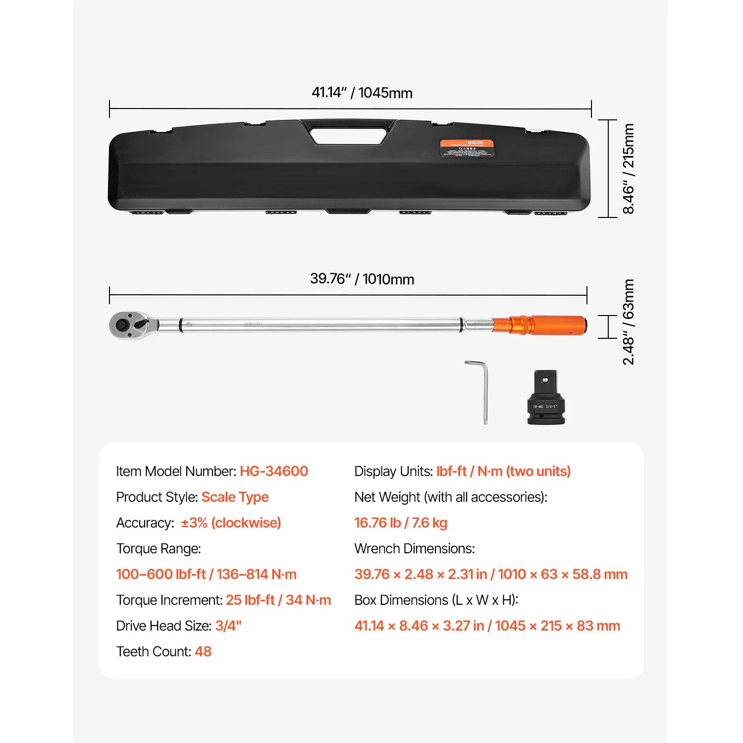 Professionell Momentnyckel Set – Dubbelriktad Justerbar Momentnyckel med Dubbla Skalor 100-600 ft-lb