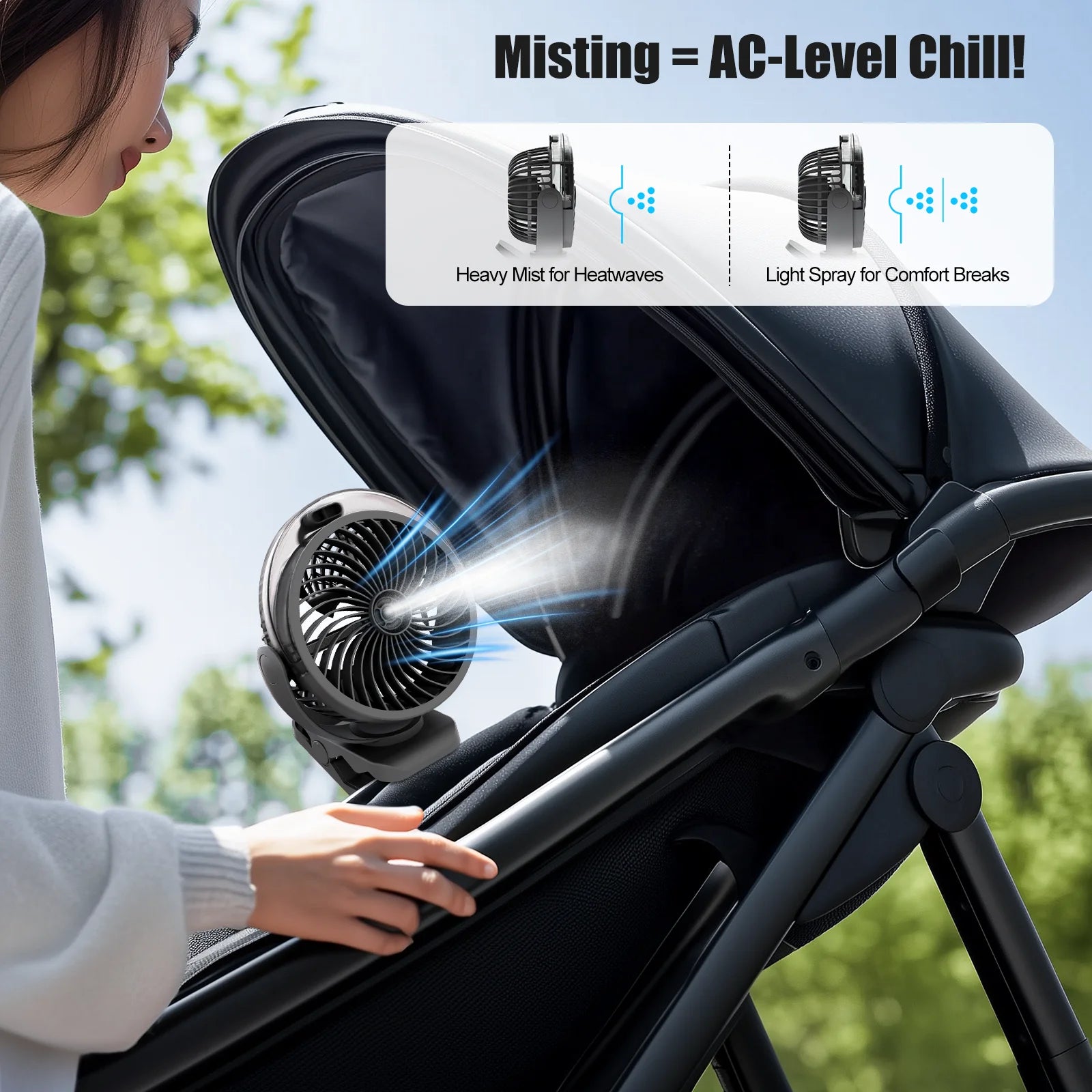 Portable Clip-on Mist Cooling Fan Rechargeable 3 Speed Digital Display Mini Humidifier Spray Fan Adjustable Desk Fan with 4000mA