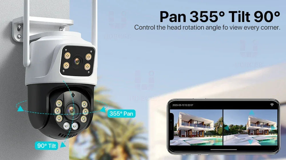Dual Lens 360° WiFi Säkerhetskamera 8MP 4K Utomhus IP66 Vattentät PTZ Övervakningskamera