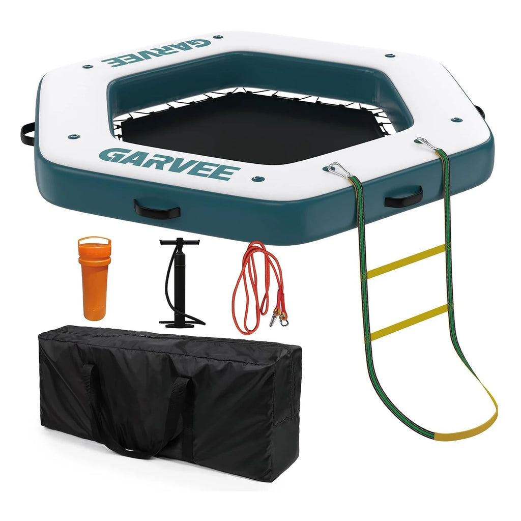 Hexagonal Inflatable Floating Dock with Trampoline Pool, Ladder, and Anchoring System