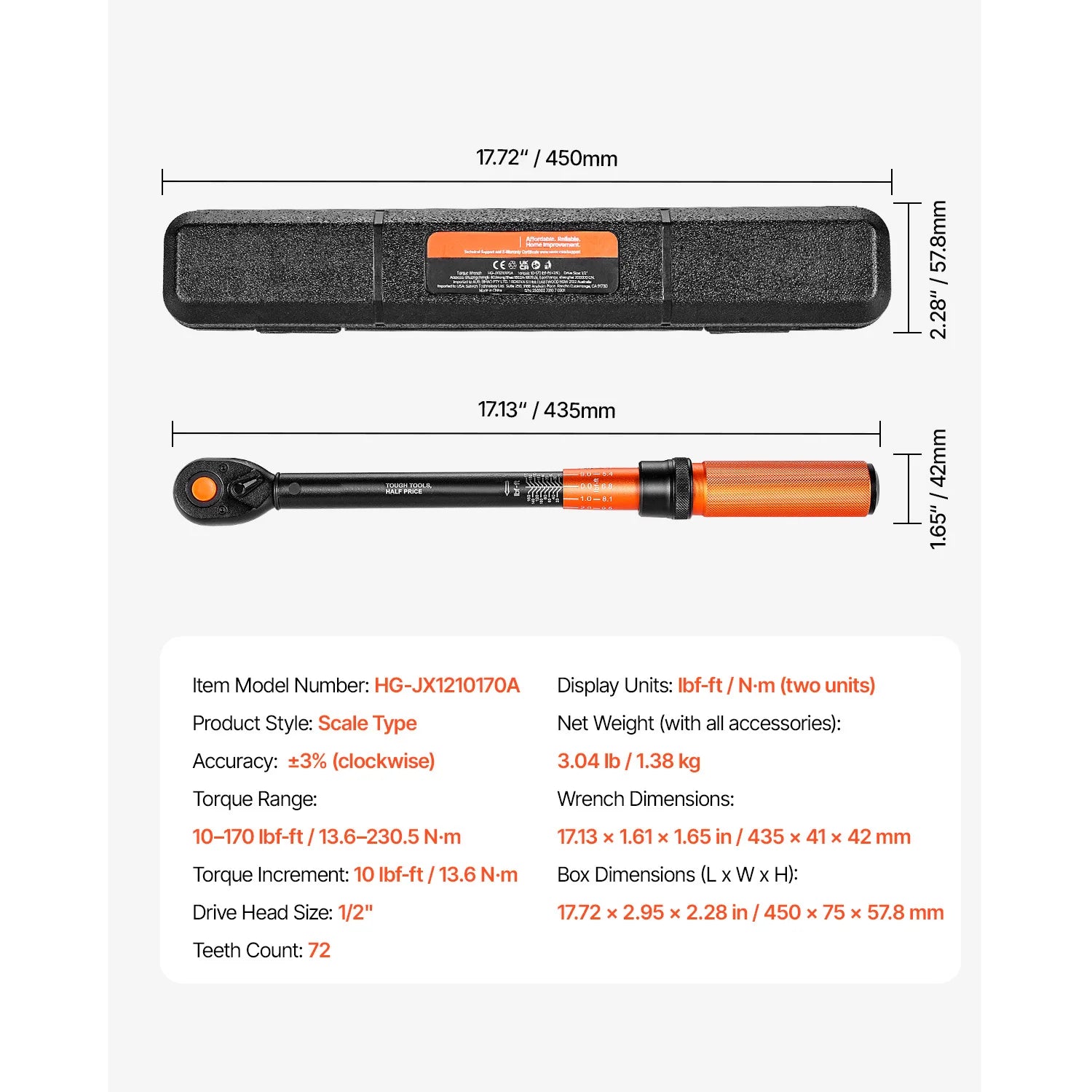 Professionell Momentnyckel Set – Dubbelriktad Justerbar Momentnyckel med Dubbla Skalor 10-170 ft-lb
