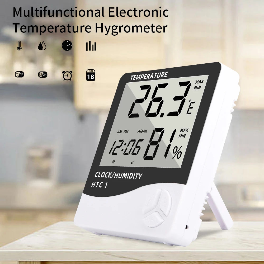 Digital Termometer & Hygrometer HTC-1 - LCD Väderstation med Klocka