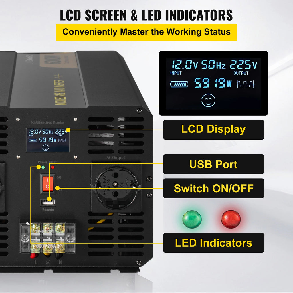 6000W Spänningsomvandlare 12V till 230V - Modifierad Sinusvåg med LCD-Display
