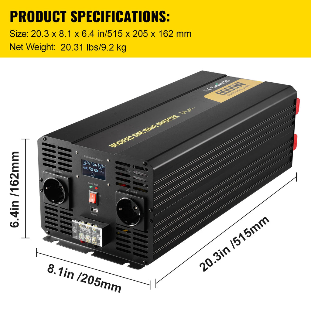 6000W Spänningsomvandlare 12V till 230V - Modifierad Sinusvåg med LCD-Display 6000W DC 12V-AC 230V